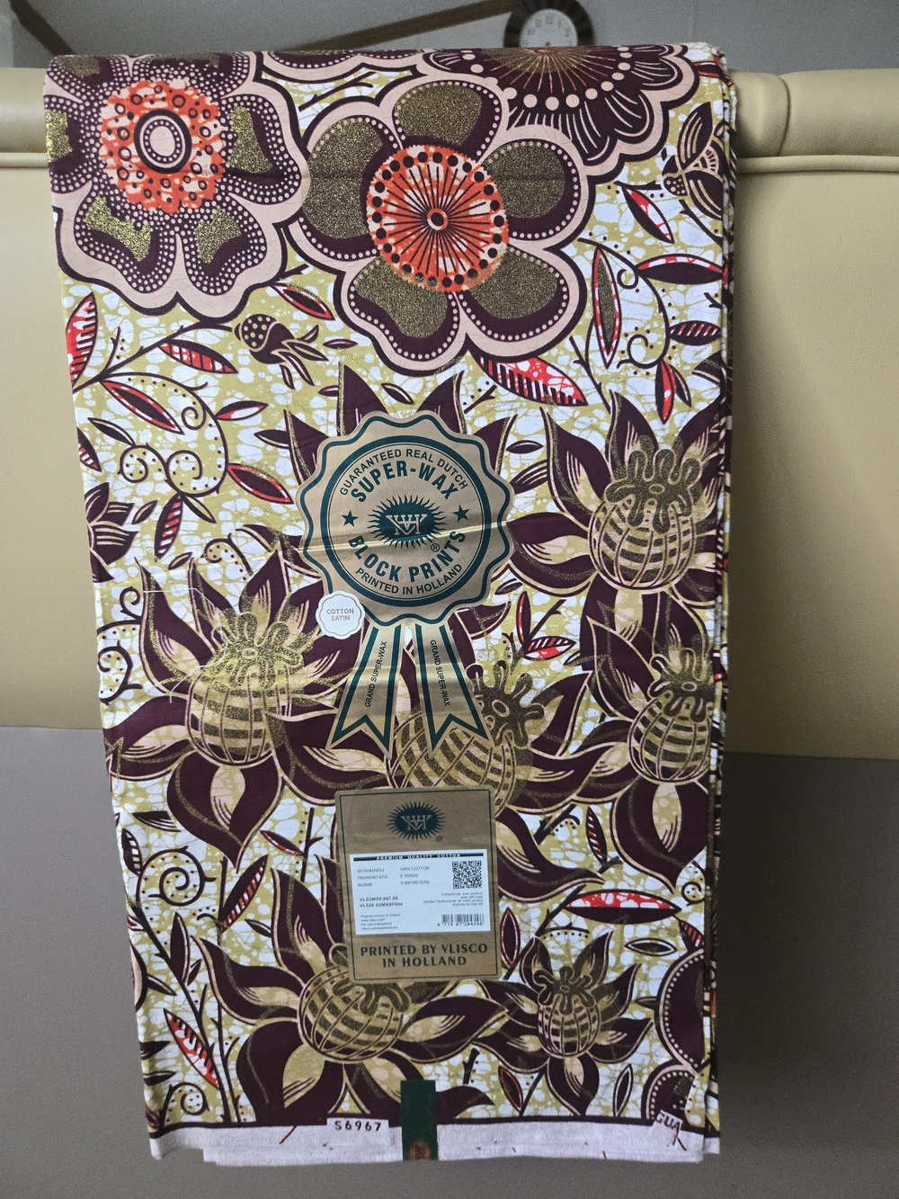 Vlisco Super-Wax Floral Print Fabric - Brown, Gold, Orange